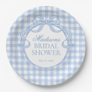 Blauw Gingham Coquette Strik Bruidsdouche Papieren Bordje
