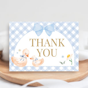 Blauw Gingham Dwaze Gans Baby Shower Bedankkaart