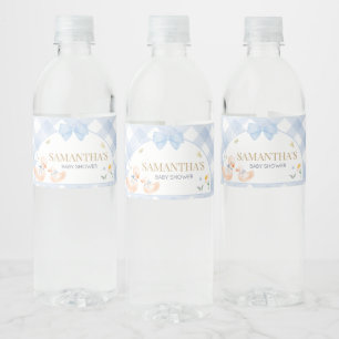 Blauw Gingham Dwaze Gans Baby Shower Waterfles Etiket