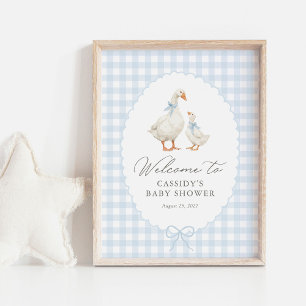 Blauw Gingham Dwaze Gans Baby Shower Welkom Bord Poster