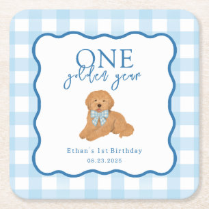 Blauw Gingham Eén Gouden Jaar Eerste Verjaardag Vierkante Kartonnen Onderzetter