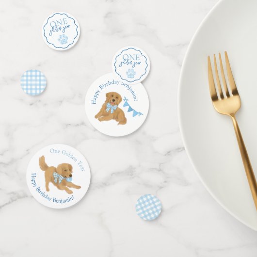 Blauw Gingham Eén Gouden Jaar Puppy Verjaardag Taf Confetti (Groep)