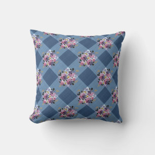 Blauw Gingham en Paarse Bloemrijke Country Kussen