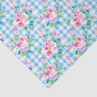 Blauw Gingham en Roze Bloemen Tissuepapier