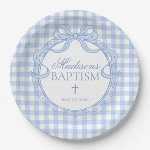 Blauw Gingham Flirterig Strik Doopfeestje Papieren Bordje