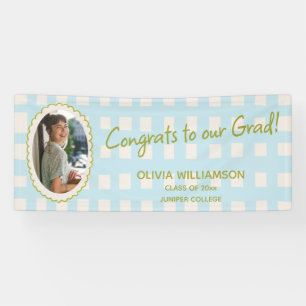 Blauw Gingham Foto Congrats Afstudeerfeest Spandoek