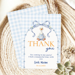 Blauw Gingham Gans Jongen Eerste Verjaardag Bedank Bedankkaart