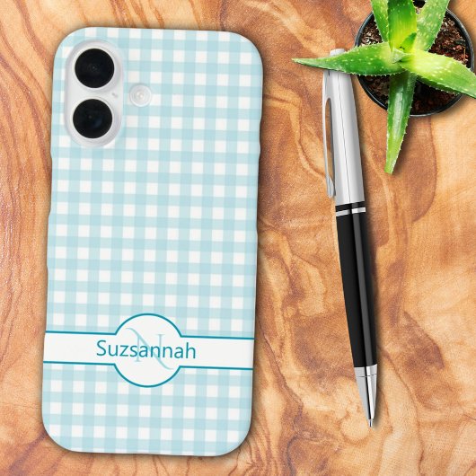 Blauw Gingham Geruit Monogram Aangepaste Case-Mate iPhone Case