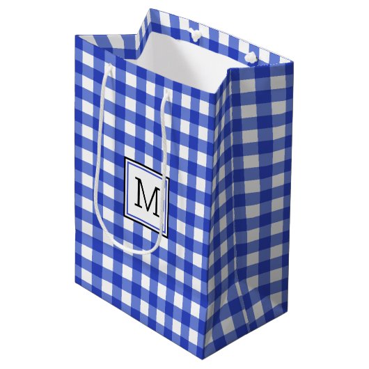 Blauw Gingham geruit Monogram Medium Gift Bag Medium Cadeauzakje (Voorkant Gekanteld)
