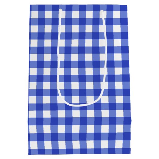 Blauw Gingham geruit Monogram Medium Gift Bag Medium Cadeauzakje (Achterkant)
