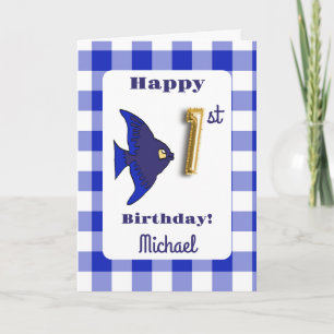 Blauw Gingham Goud Folie Ballon Vis 1e Verjaardag Kaart