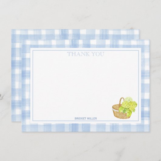 Blauw Gingham Hortensia Bloem Bedankt (Voorkant / Achterkant)