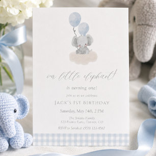 Blauw Gingham Jongens Olifant Eerste Verjaardag Kaart