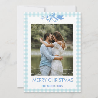 Blauw Gingham Kerst Koppel Foto Vakantiewenskaart Kaart