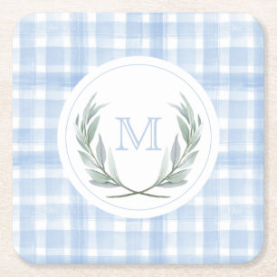 Blauw Gingham Laurel Crest papier Vierkante Kartonnen Onderzetter