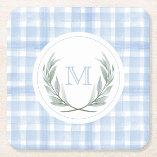 Blauw Gingham Laurel Crest papier Vierkante Kartonnen Onderzetter