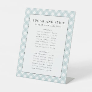 Blauw gingham menu, productlijst, servicelijst reclamebord met voetstuk