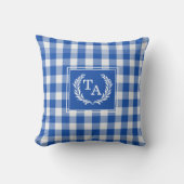 Blauw Gingham Monogram Wapenschild Kussen (Voorkant)