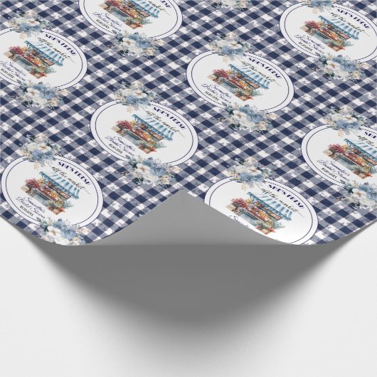 Blauw Gingham Niet Meer Te Koop Bruiloft bloemige Cadeaupapier (Hoek)