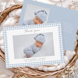 Blauw Gingham Patroon Jongens Foto Bedanktkaart Bedankkaart