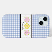 Blauw Gingham Plaid Bloem Monogram Case-Mate iPhone Case (Achterkant (horizontaal))