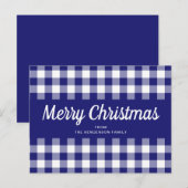Blauw Gingham Plaid Script Prettig Kerstfeest Briefkaart (Voorkant / Achterkant)
