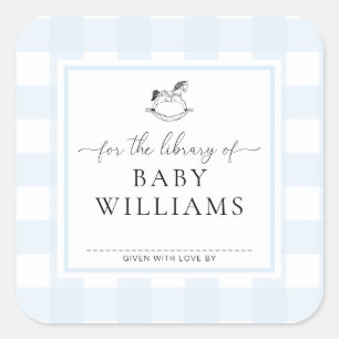 Blauw Gingham Schommelend Paard Bibliotheek Boekpl Vierkante Sticker