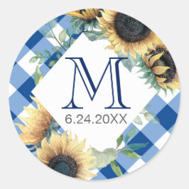 Blauw Gingham Sunflower Dank Je Ronde Sticker