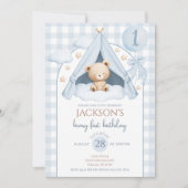 Blauw Gingham Teddybeer Ballon Jongen 1e Verjaarda Kaart (Voorkant)