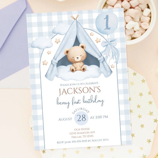 Blauw Gingham Teddybeer Ballon Jongen 1e Verjaarda Kaart
