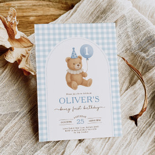 Blauw Gingham Teddybeer Ballon Jongen 1e Verjaarda Kaart