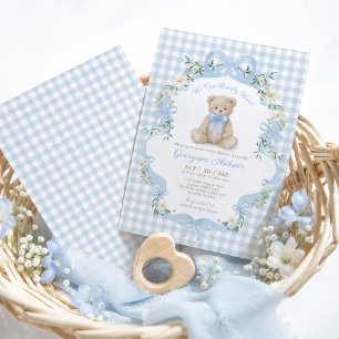 Blauw Gingham Teddybeer Jongens Baby Shower Kaart