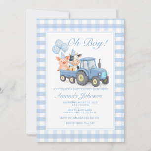 Blauw Gingham Tractor Baby Shower Dieren Kaart