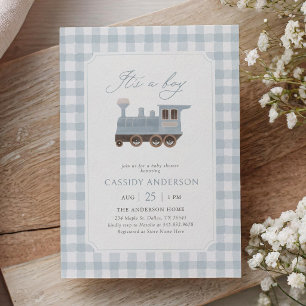 Blauw Gingham Trein Baby Shower Kaart
