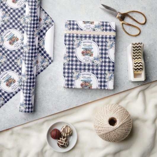 Blauw Gingham Uit de Markt Bloem Bruidsdouche Cadeaupapier (Crafts)