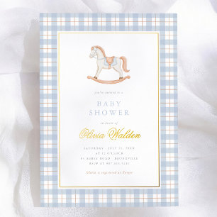 Blauw Gingham Vintage Schommelpaard Baby Shower Folie Uitnodiging