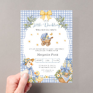 Blauw Gingham WaterverfEendje Baby Shower Acryl Uitnodigingen