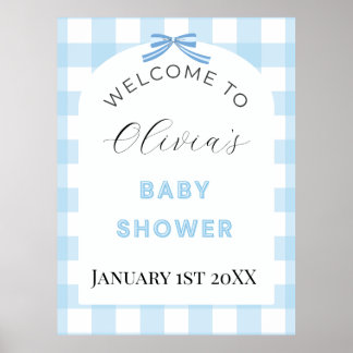 Blauw Gingham Welkomstbord voor Baby Shower  Poster