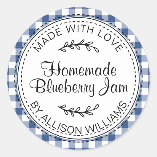 Blauw Gingham Zelfgemaakte Bosbessenjam Label (Voorkant)