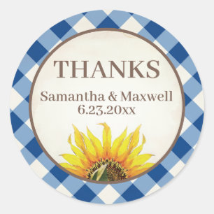 Blauw Gingham Zonnebloem Dank Je Ronde Sticker
