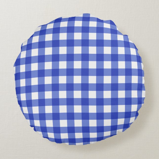 Blauw Ginghamruit Rond Kussen (Achterkant)