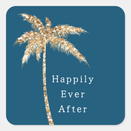 Blauw Glam Goud Glitter Palm Tree Vierkante Sticker (Voorkant)