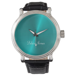 Blauw glanzend faux metal monogram horloge