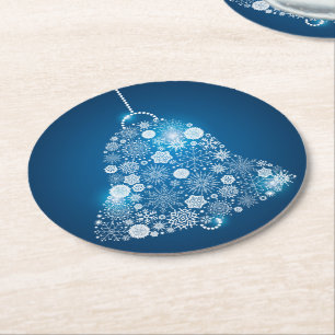 Blauw & Glanzend Witte Sneeuwvlokken Kerstmis Bel Ronde Kartonnen Onderzetter