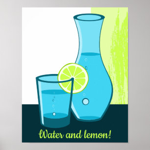 Blauw glas en karaf - Water en citroen! Poster
