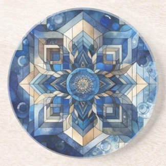 Blauw Glas in lood Bloem Geometrische Waterverf Zandsteen Onderzetter