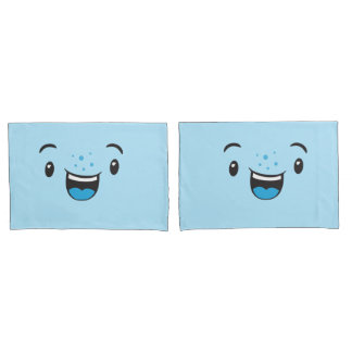 Blauw glimlachend Kawaii Face Pillow Hoesje Set Kussensloop
