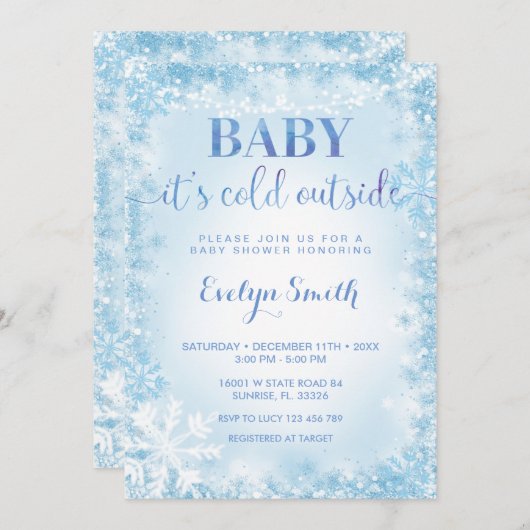 Blauw Glitter Cold Outside Snowflake Baby shower I Kaart (Voorkant / Achterkant)