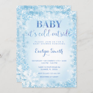 Blauw Glitter Cold Outside Snowflake Baby shower I Kaart