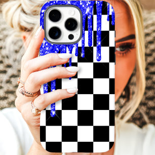 Blauw Glitter Drip Schachbrett iPhone 16 Pro Max Hoesje